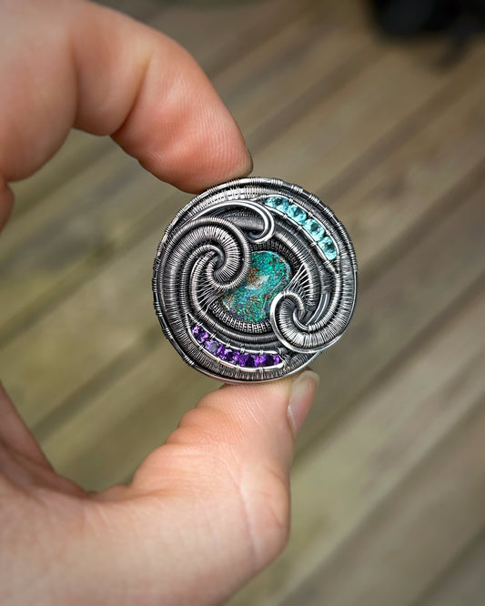 Circular Purple and Teal Pendant // Wire Wrap // Festival Jewelry // Oxidized Silver // Handmade // Australian Opal // Amethyst // Sexy Wrap