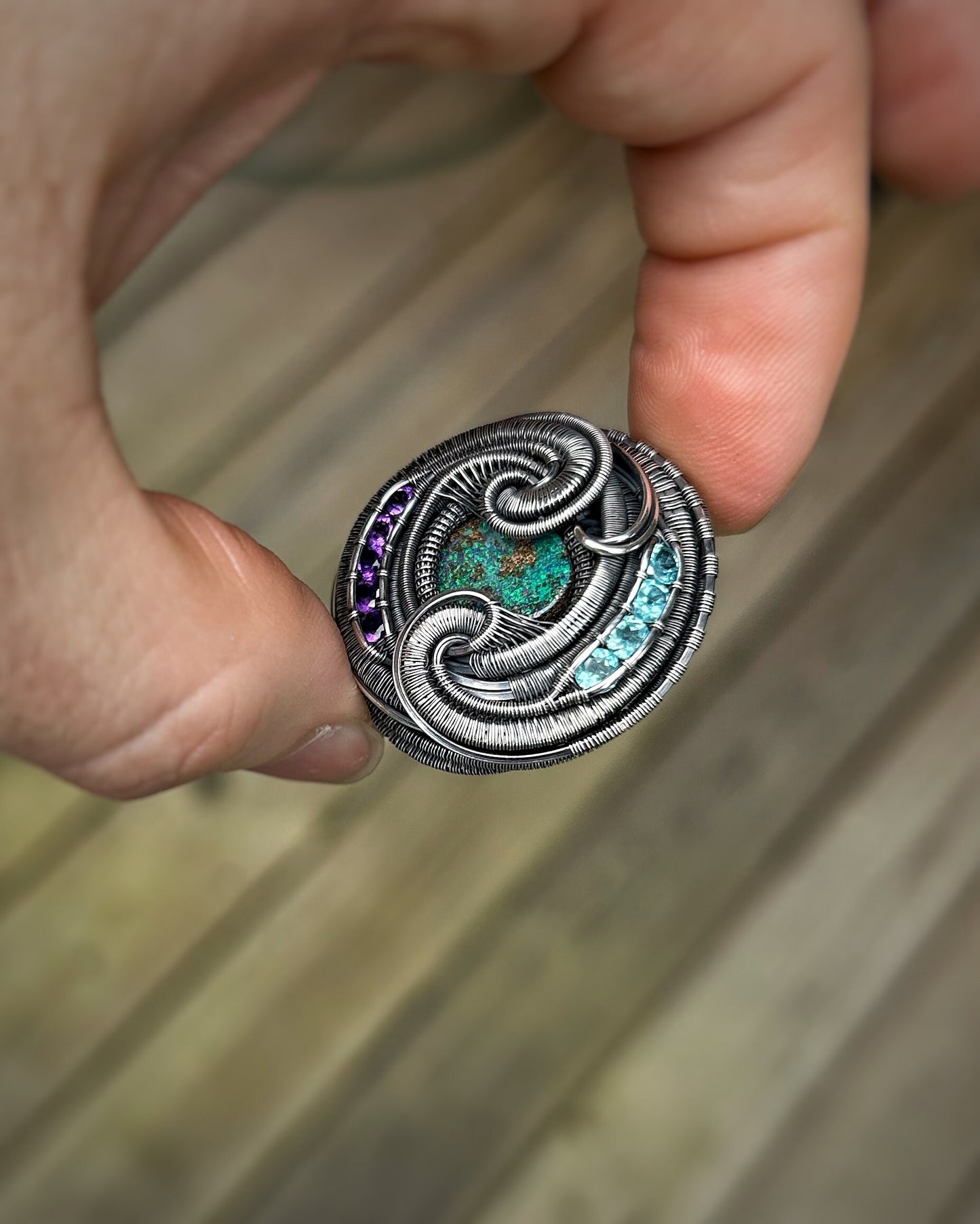 Circular Purple and Teal Pendant // Wire Wrap // Festival Jewelry // Oxidized Silver // Handmade // Australian Opal // Amethyst // Sexy Wrap
