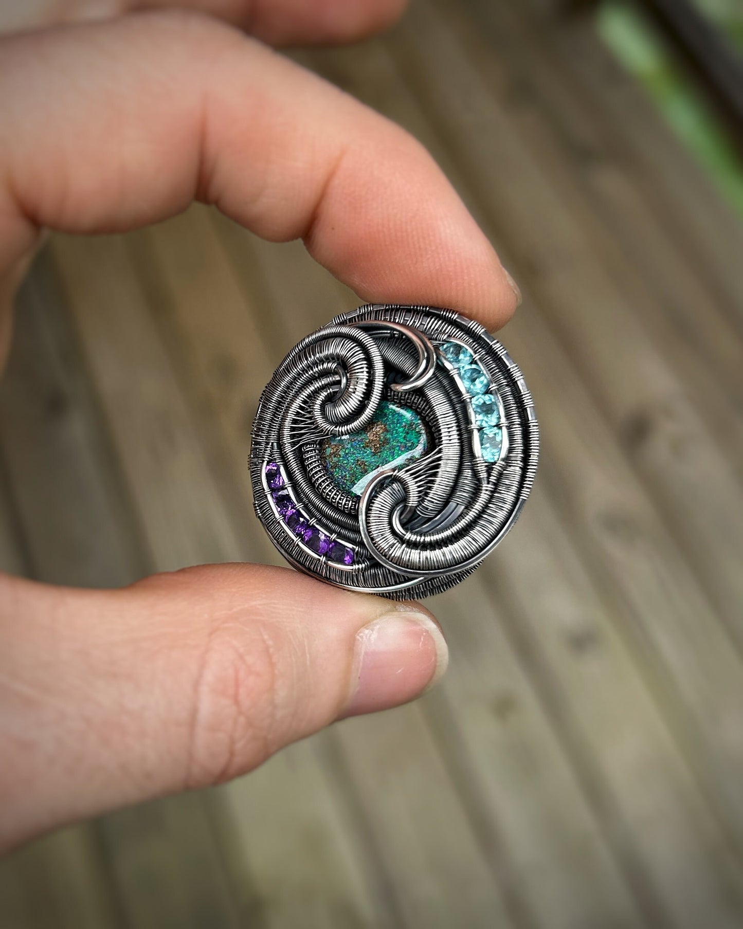 Circular Purple and Teal Pendant // Wire Wrap // Festival Jewelry // Oxidized Silver // Handmade // Australian Opal // Amethyst // Sexy Wrap