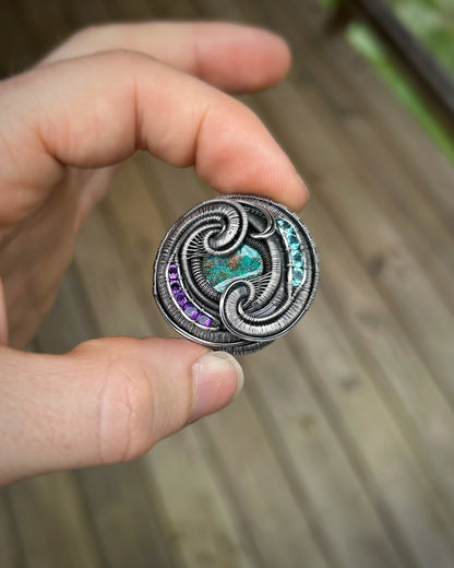Circular Purple and Teal Pendant // Wire Wrap // Festival Jewelry // Oxidized Silver // Handmade // Australian Opal // Amethyst // Sexy Wrap