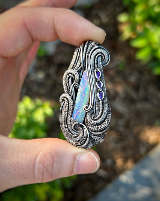 Australian Opal Pendant // Purple // Amethyst // Light Blue // Festival Jewelry // Oxidized Silver // Handmade Art // Wearable // Sexy