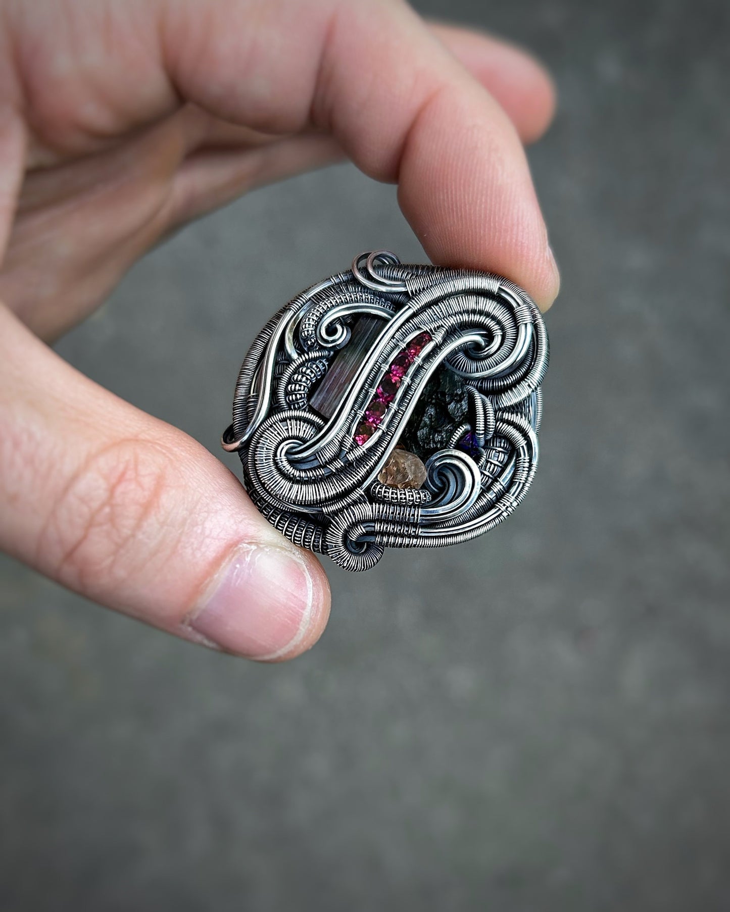 Circular Pendant // Moldavite // Tourmaline // Garnets // Wire Flow // Festival Jewelry // Oxidized Silver // Handmade Jewelry // Wire Wrap