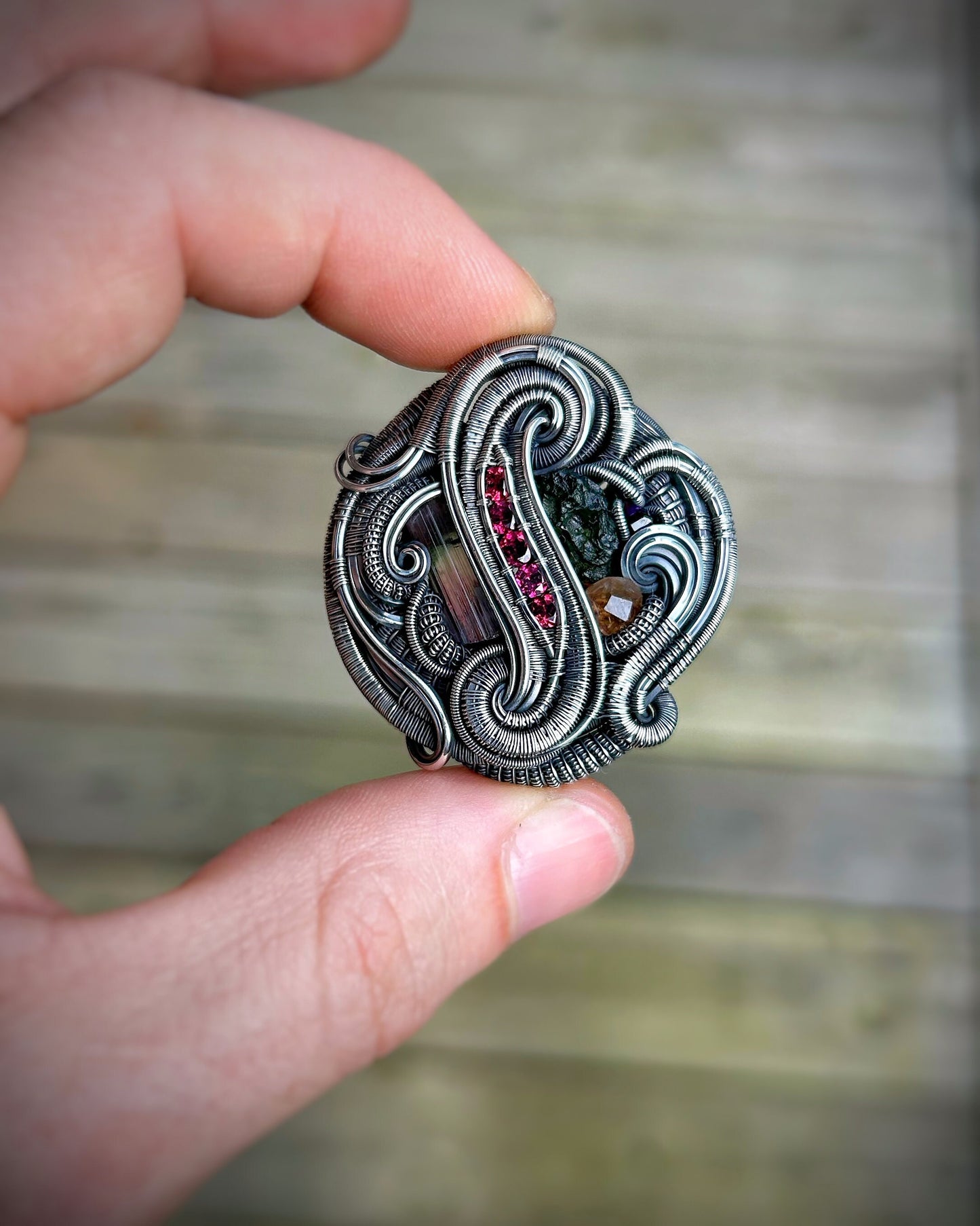 Circular Pendant // Moldavite // Tourmaline // Garnets // Wire Flow // Festival Jewelry // Oxidized Silver // Handmade Jewelry // Wire Wrap