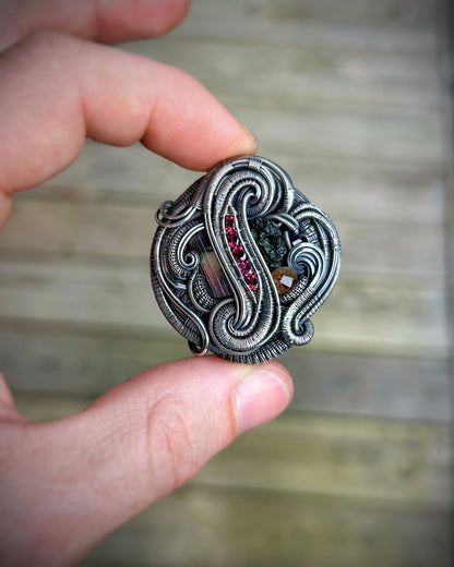 Circular Pendant // Moldavite // Tourmaline // Garnets // Wire Flow // Festival Jewelry // Oxidized Silver // Handmade Jewelry // Wire Wrap