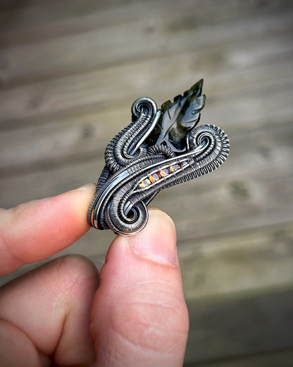 Moldavite Leaf Carving // Sapphires // Wire Wrapped Pendant // Oxidized Silver // Festival Jewelry // Autumnal // Handmade Wire Art // Flow