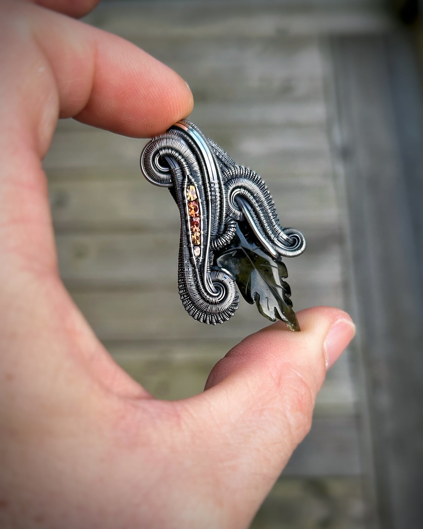 Moldavite Leaf Carving // Sapphires // Wire Wrapped Pendant // Oxidized Silver // Festival Jewelry // Autumnal // Handmade Wire Art // Flow