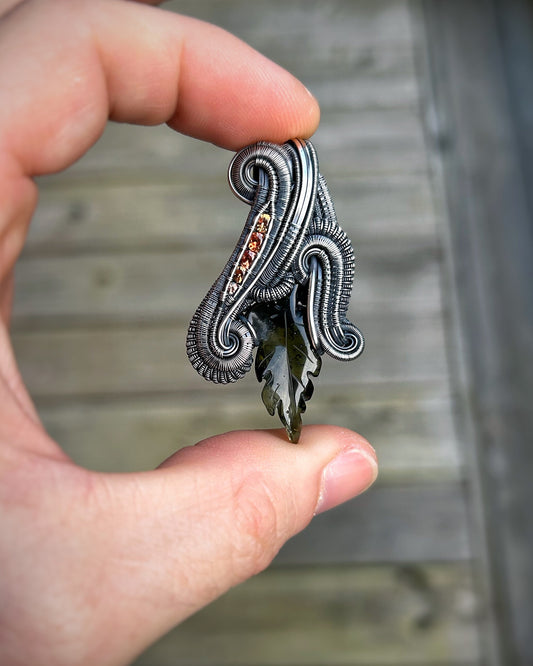 Moldavite Leaf Carving // Sapphires // Wire Wrapped Pendant // Oxidized Silver // Festival Jewelry // Autumnal // Handmade Wire Art // Flow