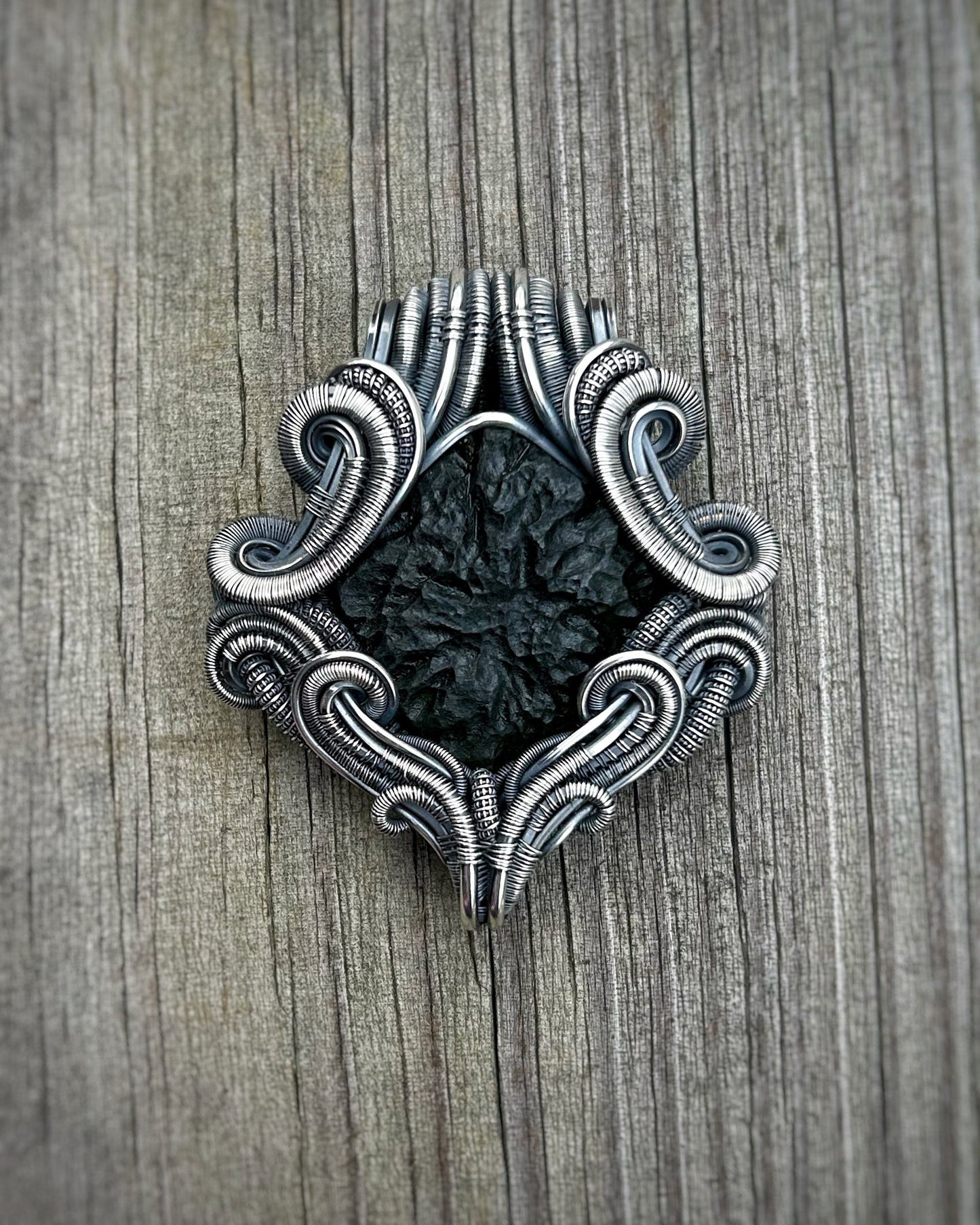 Moldavite Pendant // Symmetrical // Wire Wrap // Festival Jewelry // Moldavite Family // Oxidized Silved // Handmade Wire Art // Organic