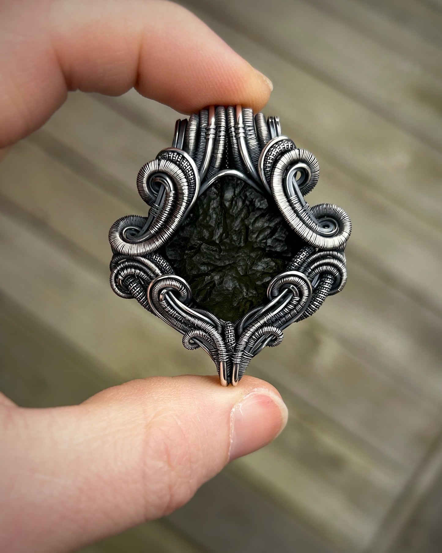 Moldavite Pendant // Symmetrical // Wire Wrap // Festival Jewelry // Moldavite Family // Oxidized Silved // Handmade Wire Art // Organic
