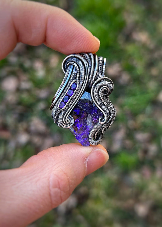 Purple Australian Opal // Amethyst // Festival Jewelry // Wire Wrapped Pendant // Handmade // One of a Kind // Boulder Opal // Elegant wrap