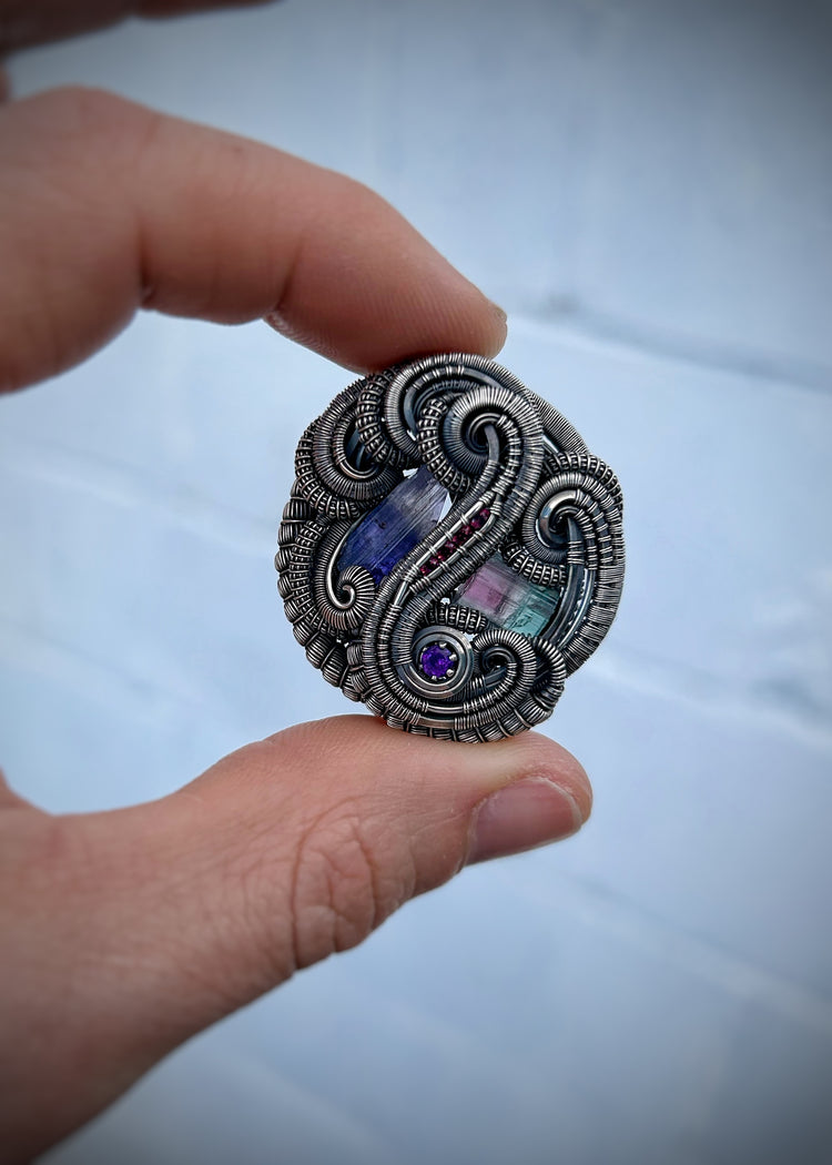 Circular Flow Amulet // Wire Wrapped Pendant // Organic // Tanzanite // Tourmaline // Festival Jewelry // Handmade Wire Art // Silver
