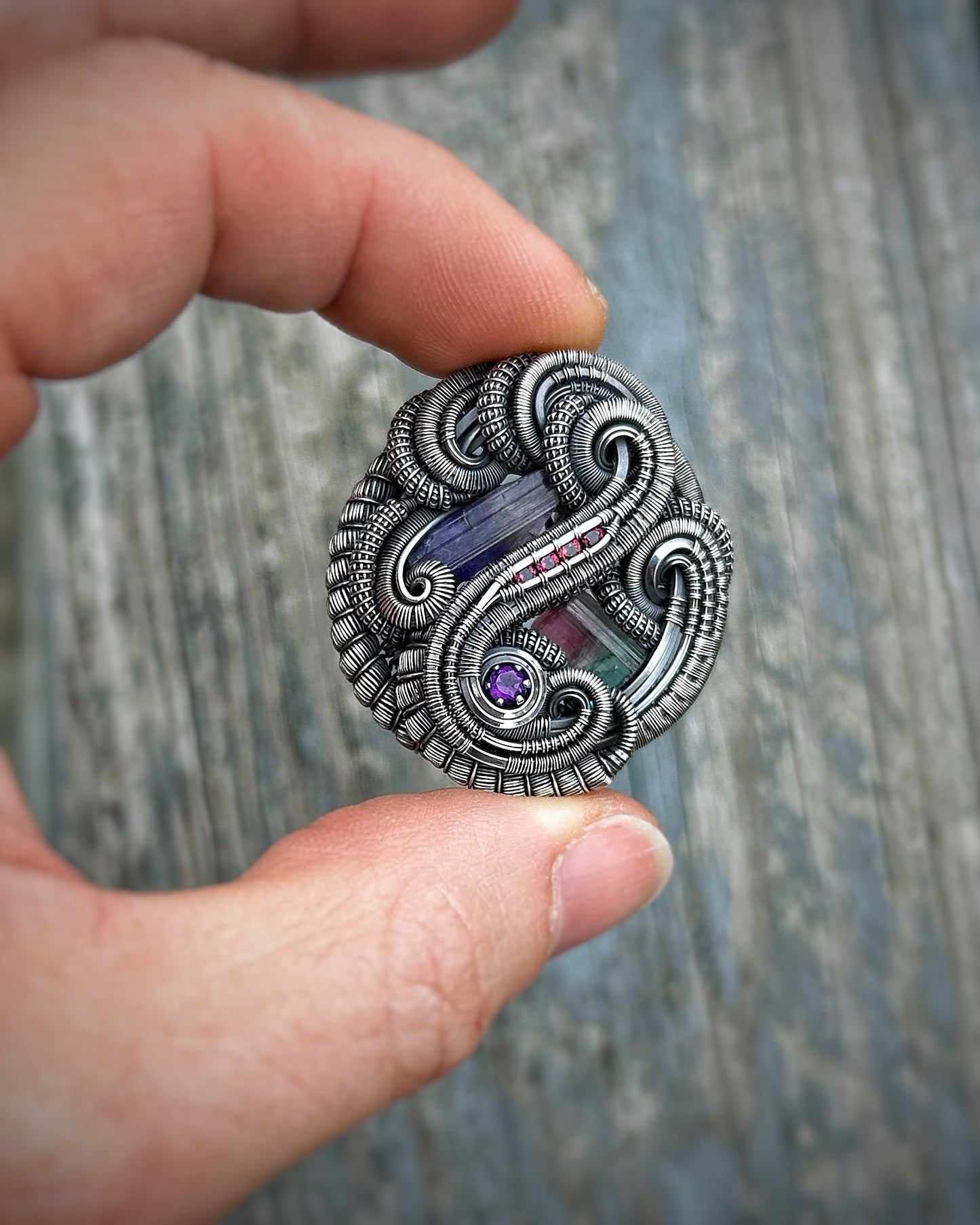 Circular Flow Amulet // Wire Wrapped Pendant // Organic // Tanzanite // Tourmaline // Festival Jewelry // Handmade Wire Art // Silver